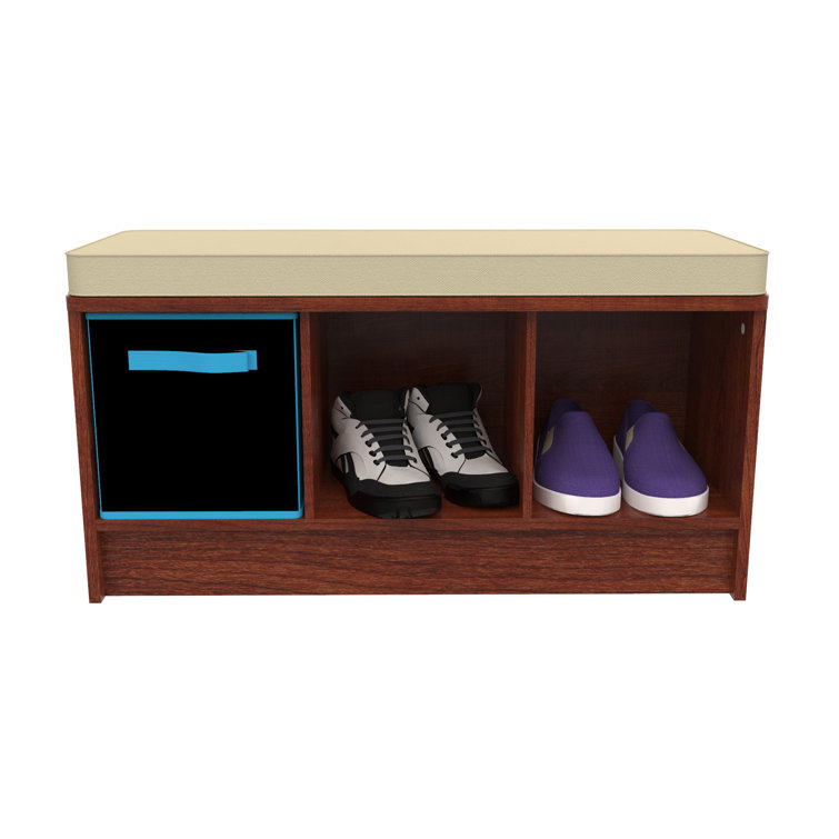 Dark Cherry Wood Storage Bench with Tan Cushion
