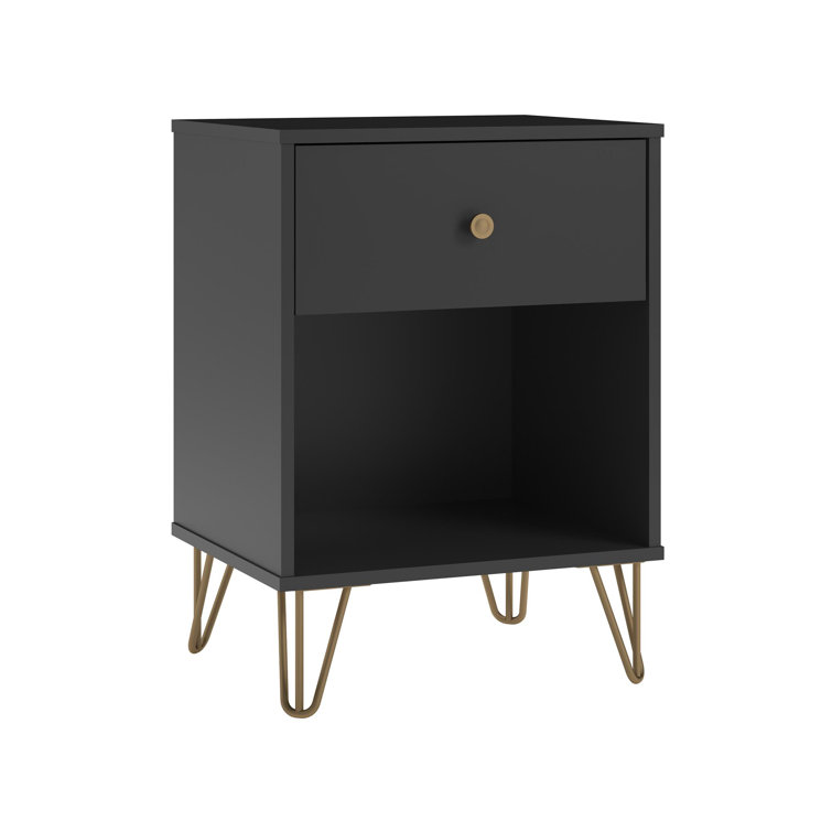 Black and Gold Mid-Century Modern Nightstand with Drawer