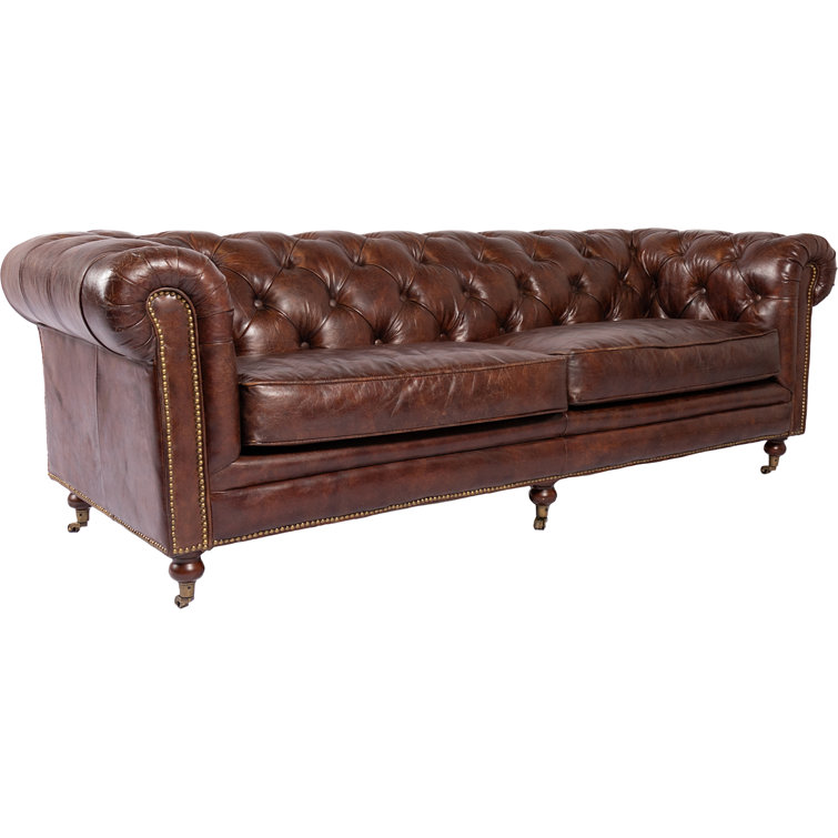 Idalia 87" Brown Leather Chesterfield Sofa with Rolled Arms