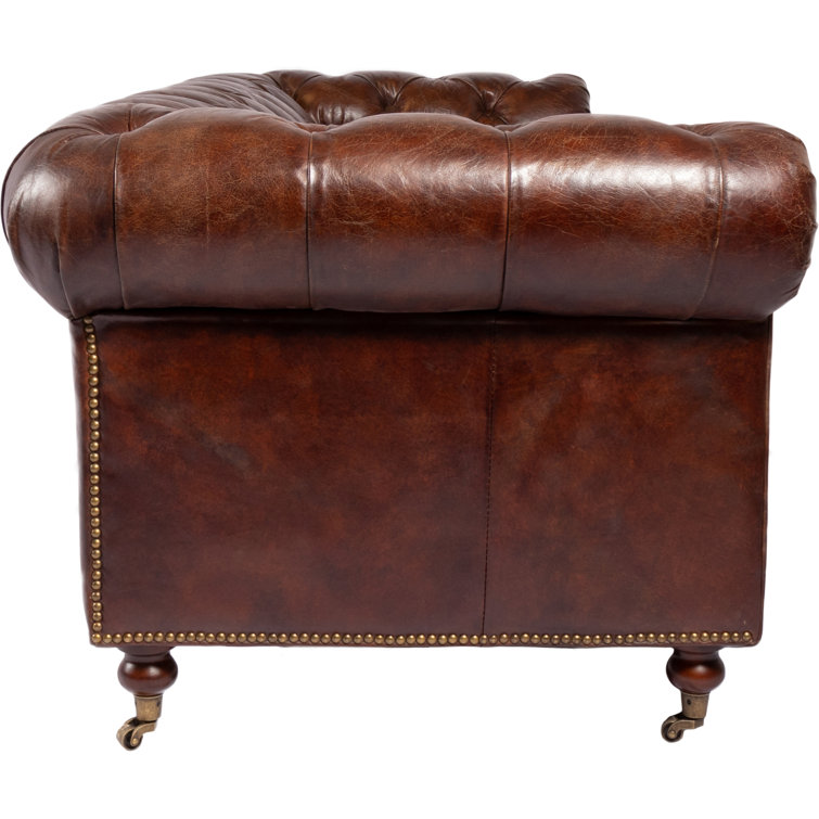 Idalia 87" Brown Leather Chesterfield Sofa with Rolled Arms