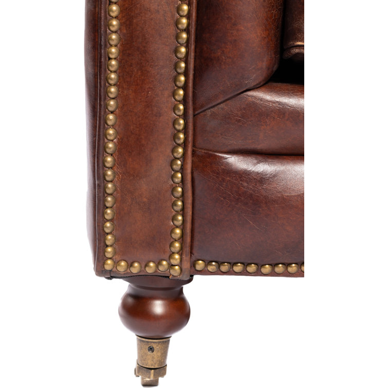 Idalia 87" Brown Leather Chesterfield Sofa with Rolled Arms