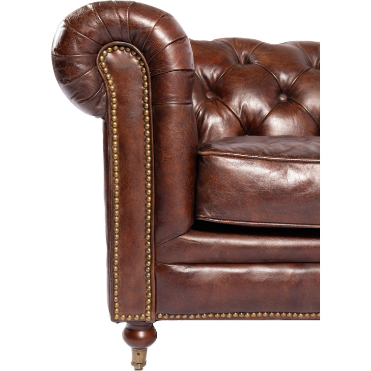 Idalia 87" Brown Leather Chesterfield Sofa with Rolled Arms