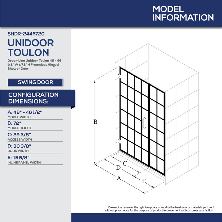Toulon 46" Black Frameless Hinged Shower Door with ClearMax