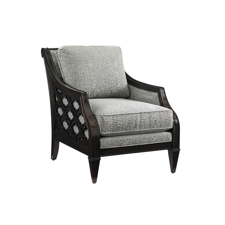 Mahogany Wood Striped Gray Cushion Armchair with Down Fill