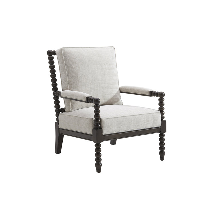 Colonial Safari-Inspired Gray Polyester and Brown Wood Armchair