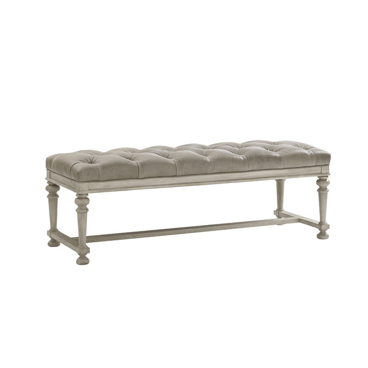Bellport 20'' Gray Aniline Leather Tufted Bed Bench with Turned Legs