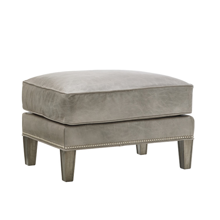 Misty Gray Tufted Genuine Leather Ottoman with Pewter Nailhead Trim