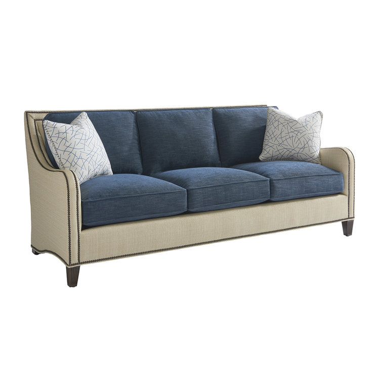 Elegant Blue and Beige Pillow Back Sofa with Down Fill Cushions and Nailhead Trim