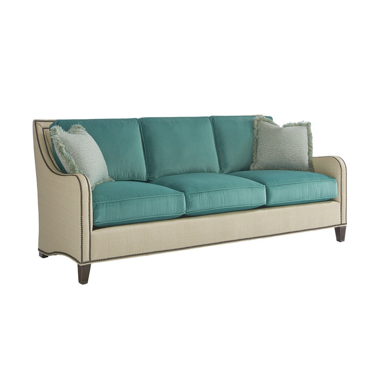 Elegant Blue and Beige Pillow Back Sofa with Down Fill Cushions and Nailhead Trim