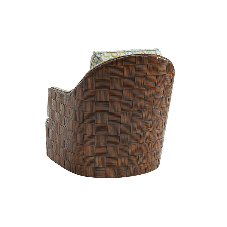 Masami Green and White Geometric Swivel Armchair with Wicker Accents