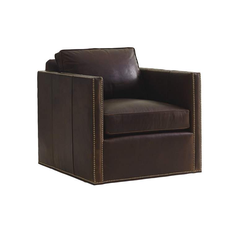 Hinsdale Refined Gray Leather Swivel Chair with Old Brass Nailhead Trim