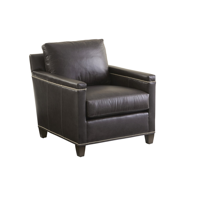 Misty Gray Leather Armchair with Pewter Nailhead Trim