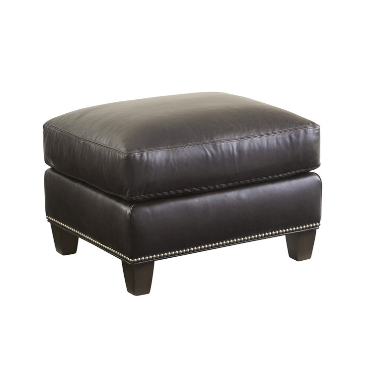 Strada Sleek Black Leather Rectangle Ottoman with Nailhead Trim