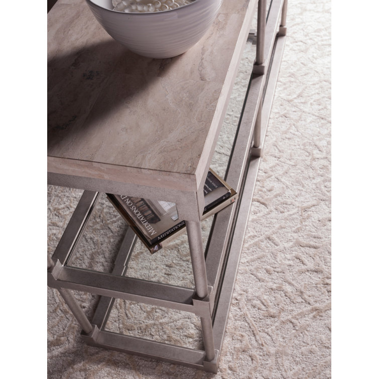 Topa 66'' Beige Travertine and Silver Metal Console Table with Glass Shelf