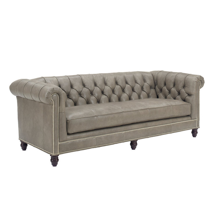 Elegant Brown Leather Chesterfield Sofa with Tufted Down Cushions