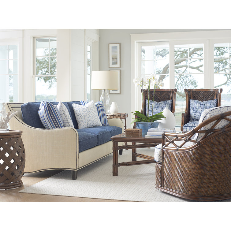 Elegant Blue and Beige Pillow Back Sofa with Down Fill Cushions and Nailhead Trim
