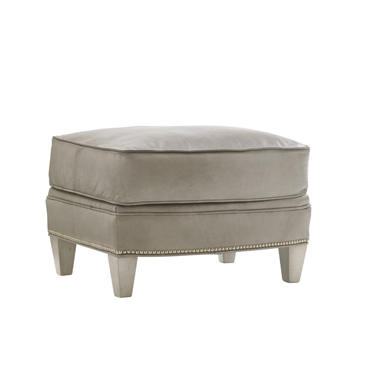 Millstone Tufted Leather Ottoman with Pewter Nailhead Trim