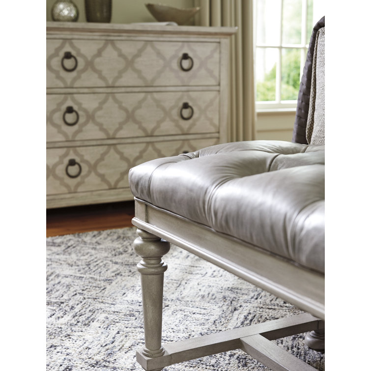 Bellport 20'' Gray Aniline Leather Tufted Bed Bench with Turned Legs