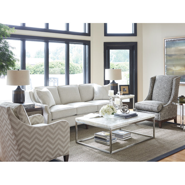 White Fabric Track Arm Sofa with Down Fill Cushions
