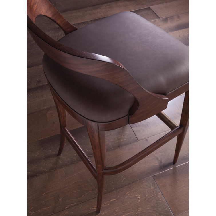 Walnut Finish Traditional Low Back Bar Stool in Brown Leather