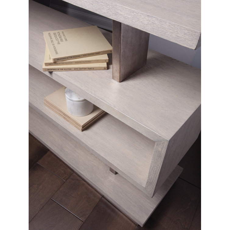 Soiree Light Gray Quartered Oak Low Bookcase with Silver Leaf Posts