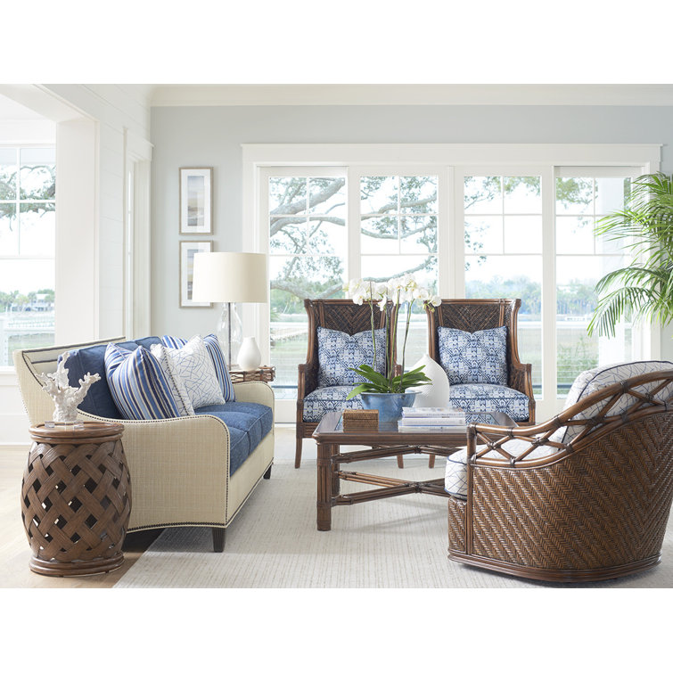 Elegant Blue and Beige Pillow Back Sofa with Down Fill Cushions and Nailhead Trim