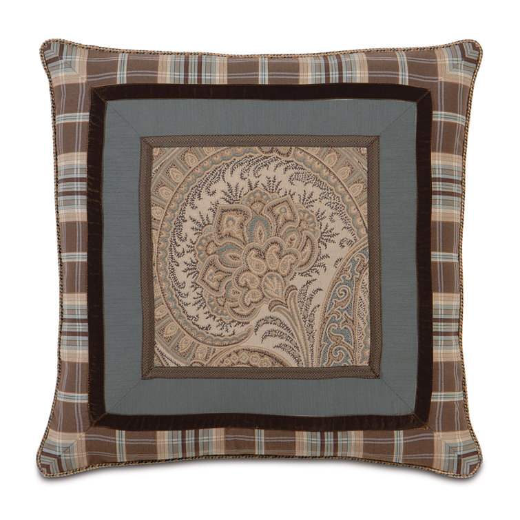 Mocha and Spa Blue Square Throw Pillow with Border Collage