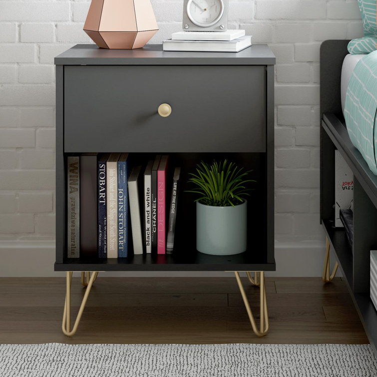 Black and Gold Mid-Century Modern Nightstand with Drawer