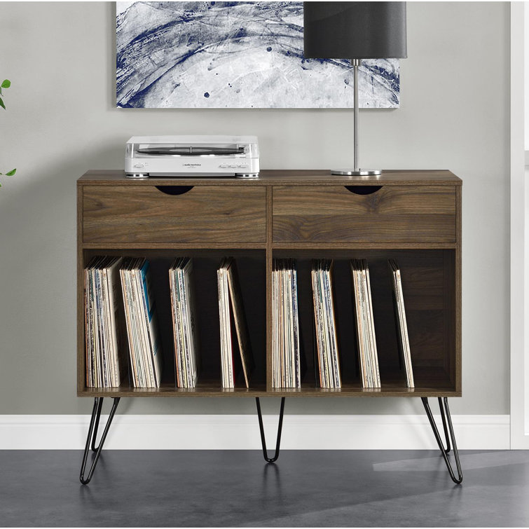 Mid-Century Walnut Turntable Stand with Hairpin Legs and Storage