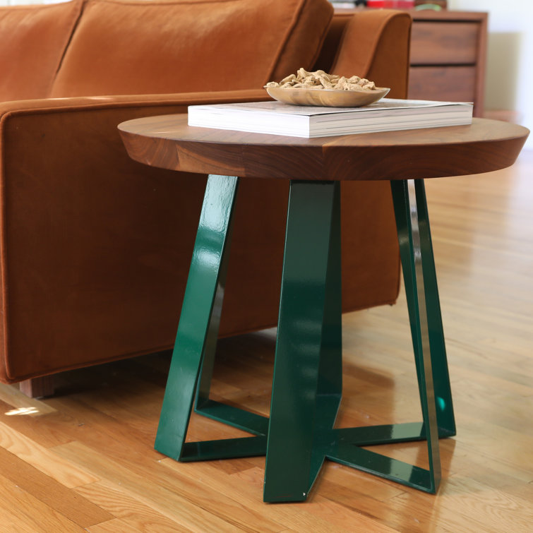 ARS Round Oak Wood Top with Red Metal Base End Table
