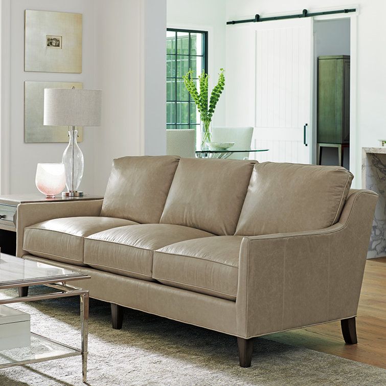 Misty Gray Leather Track Arm Sofa with Down Fill Cushions