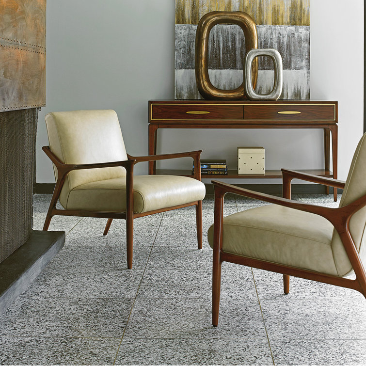 Beige Leather Mid-Century Modern Accent Chair