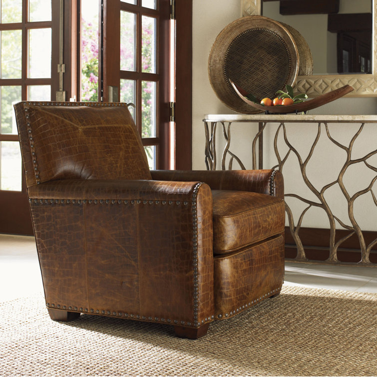 Mocha Pecan Genuine Leather Club Chair with Nailhead Trim