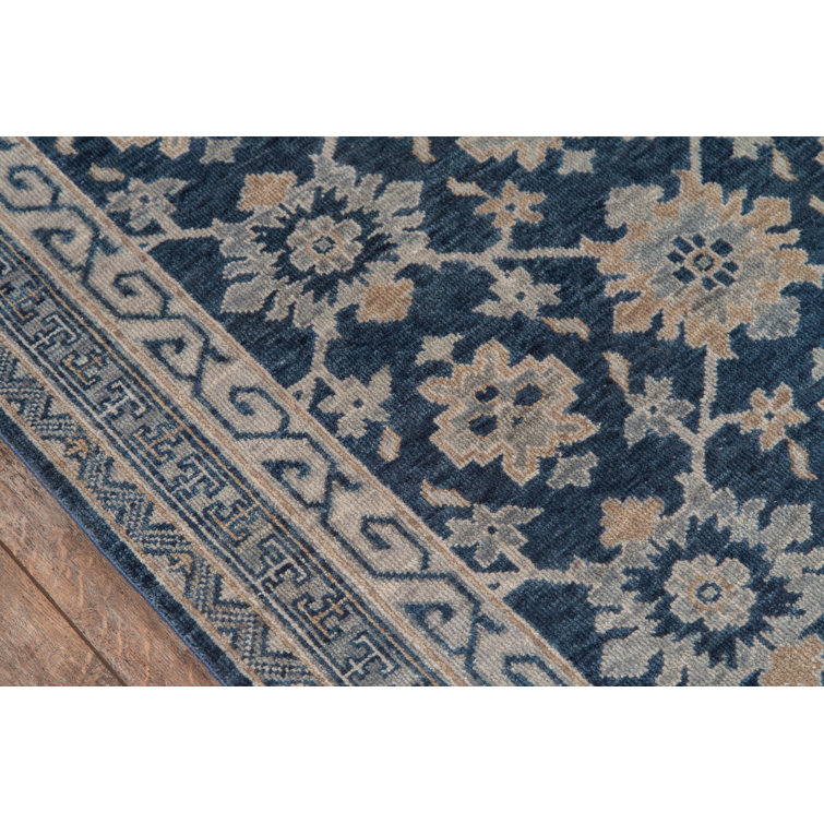 Handmade Blue Wool Floral Rectangular Area Rug