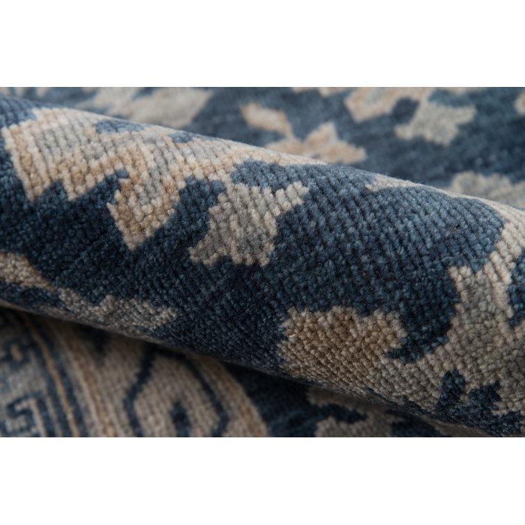 Handmade Blue Wool Floral Rectangular Area Rug