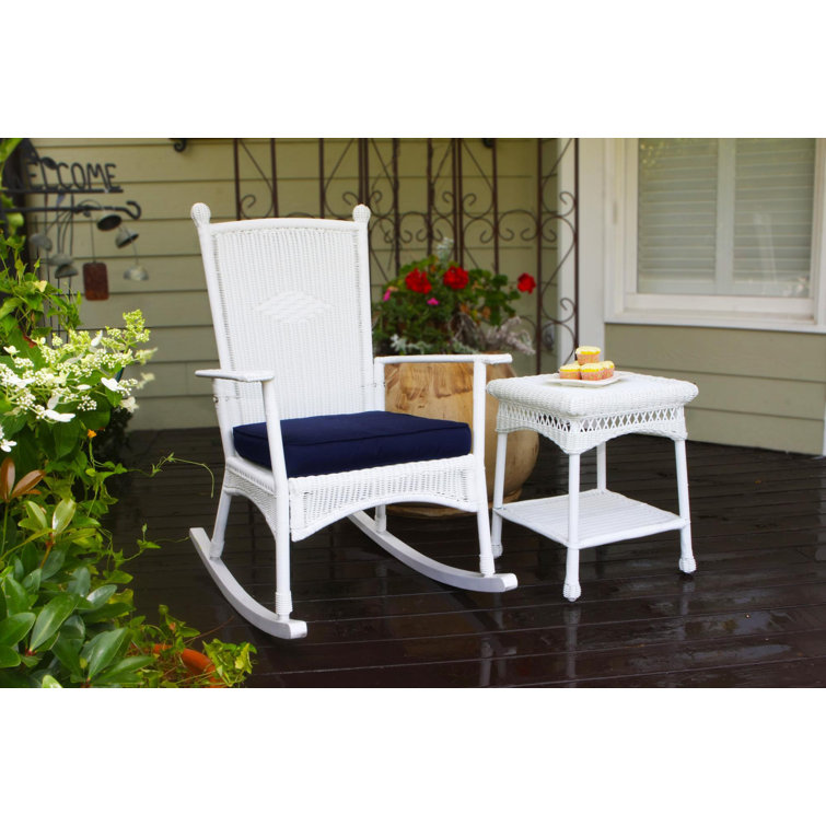 Portside Coastal White Wicker Rocking Chair with Navy Cushion