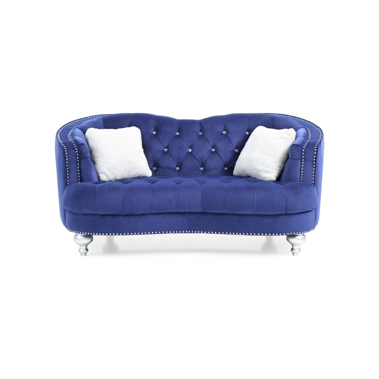 Blue Velvet Tufted Chesterfield Loveseat with Nailhead Trim