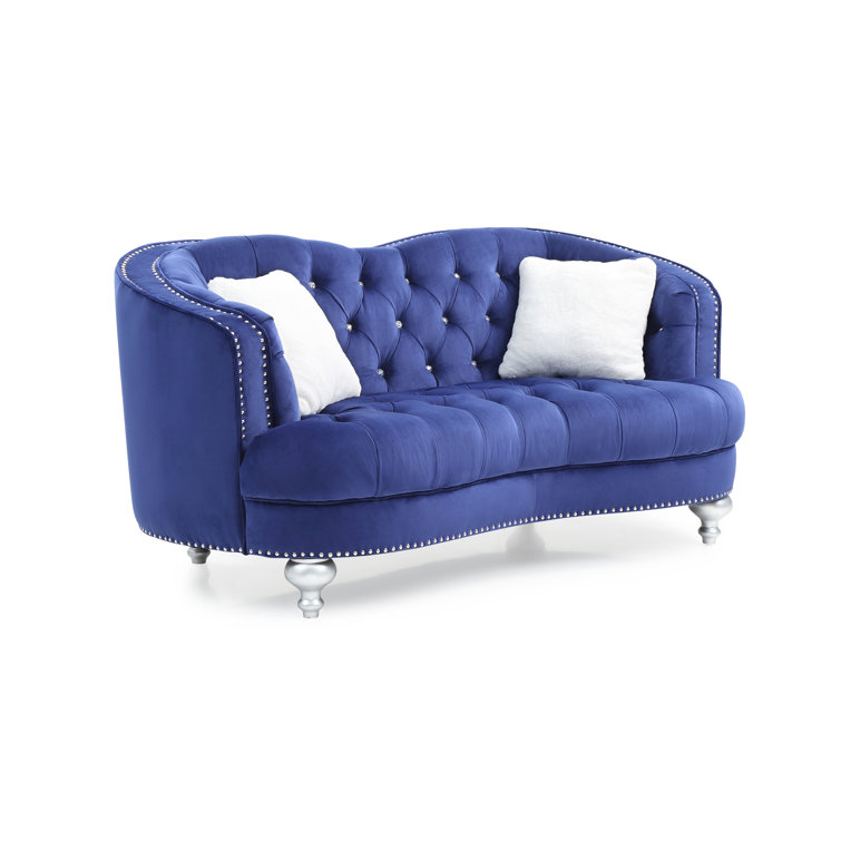 Blue Velvet Tufted Chesterfield Loveseat with Nailhead Trim
