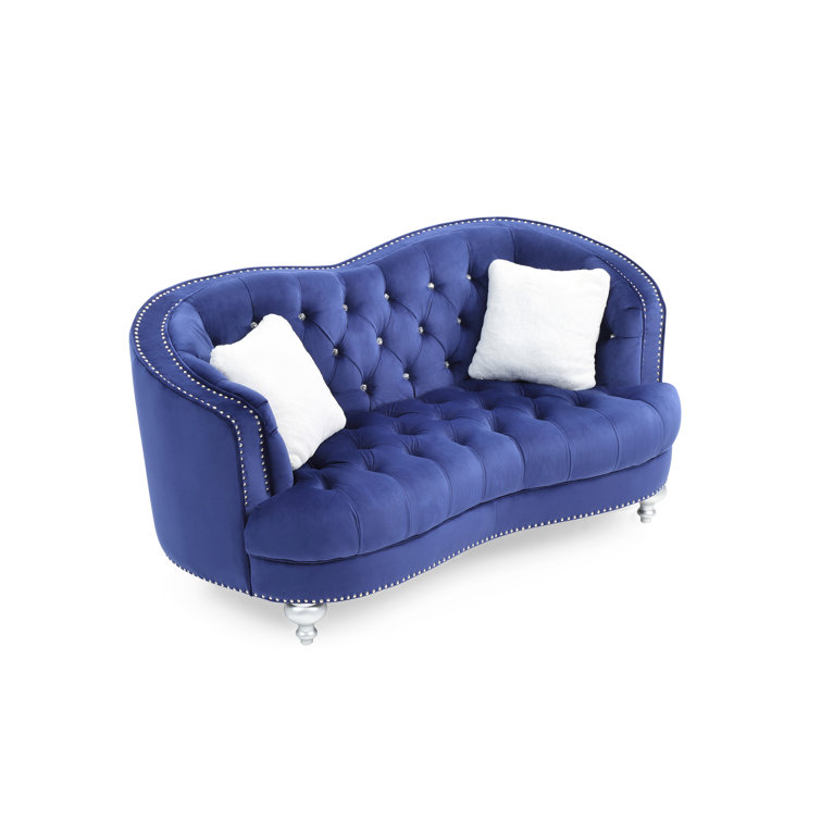 Blue Velvet Tufted Chesterfield Loveseat with Nailhead Trim