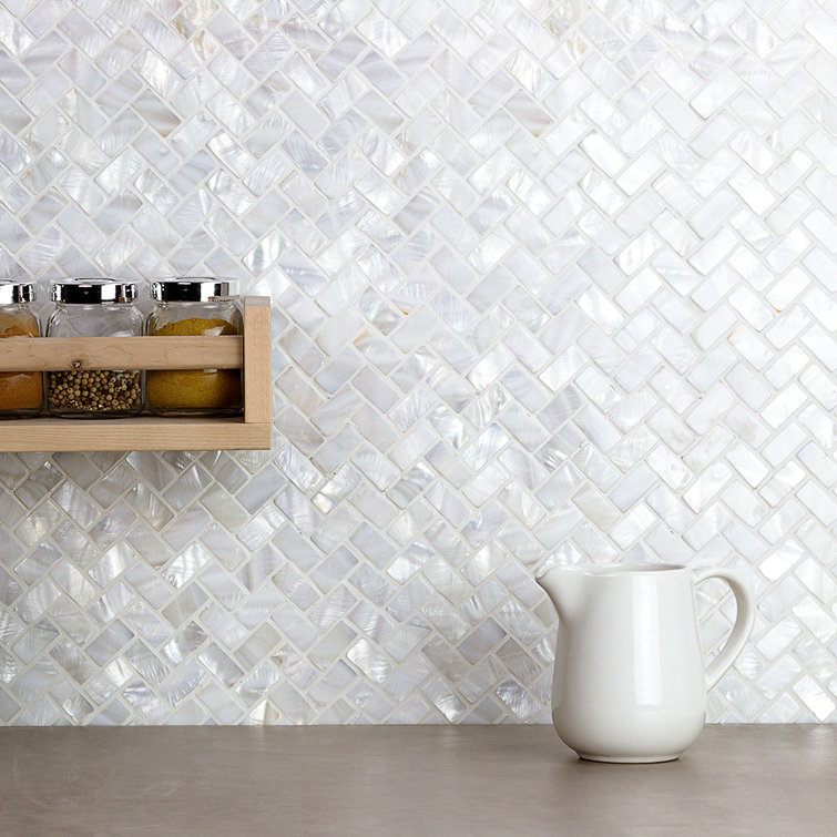Pacif White Pearl Shell Herringbone Mosaic Tile