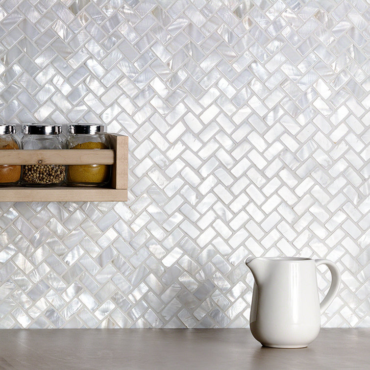 Pacif White Pearl Shell Herringbone Mosaic Tile