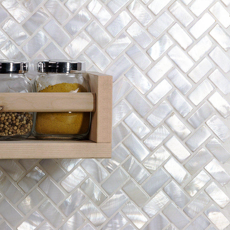 Pacif White Pearl Shell Herringbone Mosaic Tile