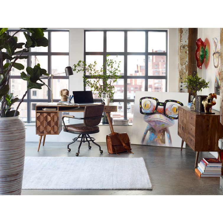 Black Top Grain Leather Swivel Desk Chair with Metal Base
