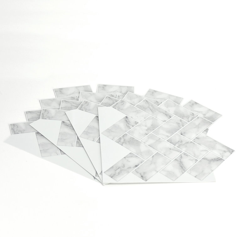 White and Off-White Herringbone Peel and Stick Marble Backsplash Tiles