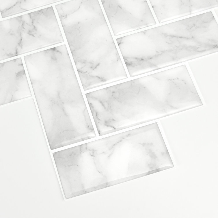 White and Off-White Herringbone Peel and Stick Marble Backsplash Tiles