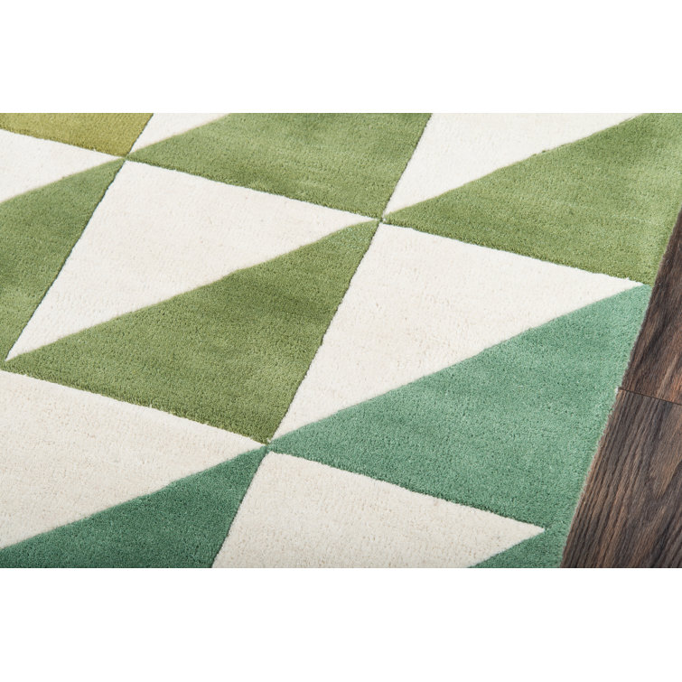 Ivory and Green Hand-Tufted Wool Geometric Rug