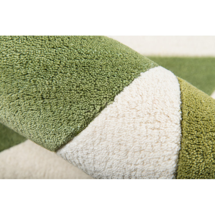 Ivory and Green Hand-Tufted Wool Geometric Rug