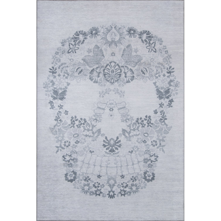 Gray Hand-Knotted Synthetic Skull Area Rug 5' x 7'