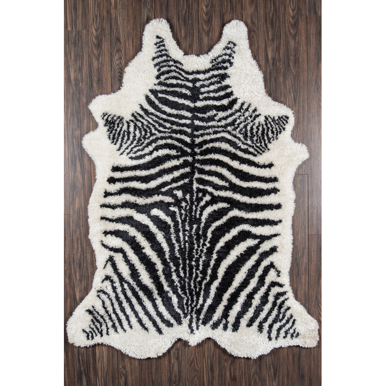 Zebra Striped Black and Turquoise Faux Fur Rug 3'6" x 5'6"