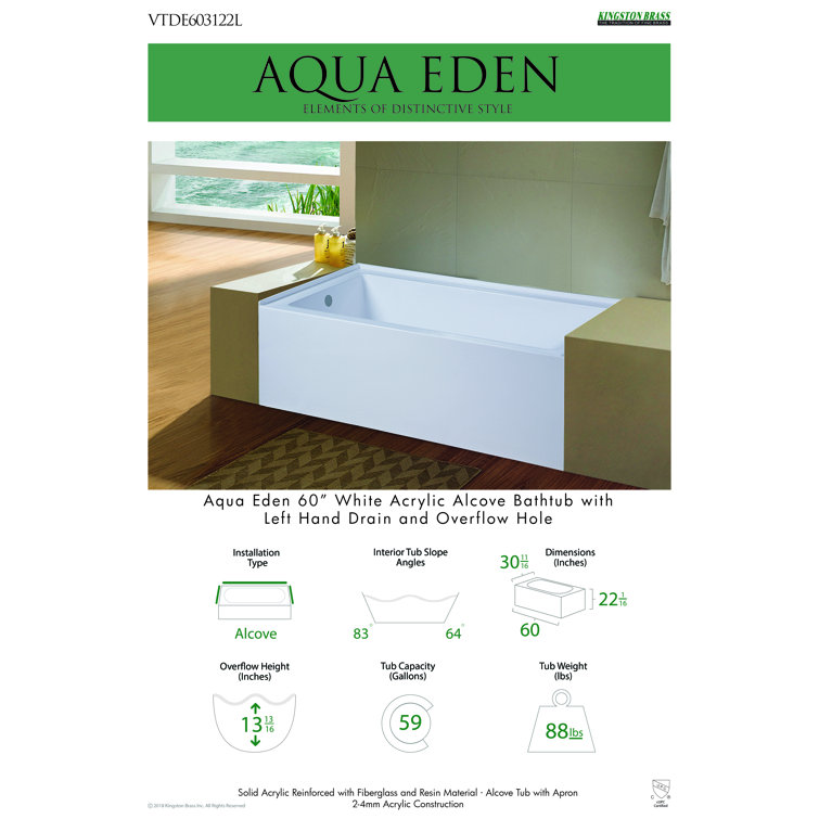 Aqua Eden 60" White Acrylic Alcove Bathtub with Left Drain